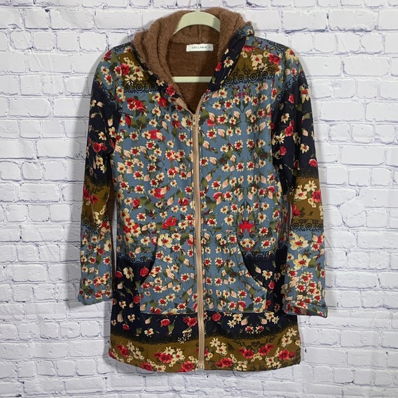Cellabie Jackets & Blazers - Cellabie Womens Fleece Lined Patchwork Floral Hooded Jacket Blue S Boho Casual